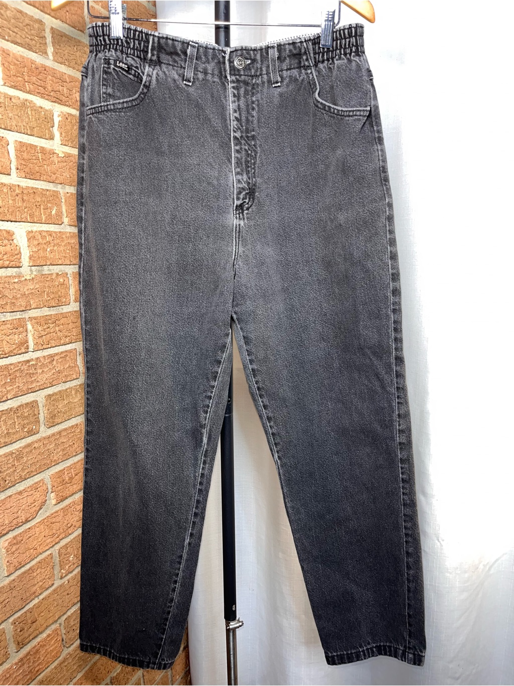 Lee Vintage Black Wash Elastic Waist Mom Jeans High Rise Tapered Leg Size 12p